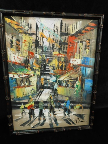 Oil on Canvas - Signed - Chinese Market / Street Scene - 17" x 13"