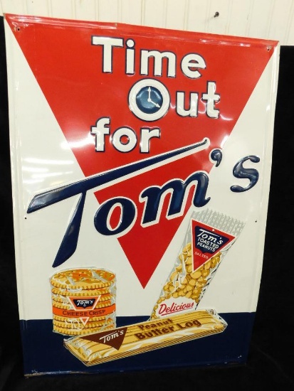 Authentic 1960s "Time Out For Toms" Metal Snack Sign - Rare Advertising