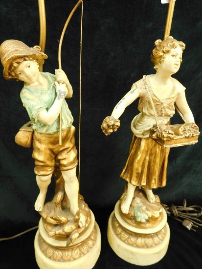 Vintage Painted Metal Figural Lamps - Boy and Girl - Each 25.5" Tall