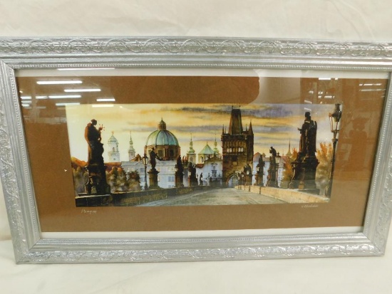 Watercolor - V. Shukshin - Prague Skyline at Dusk - Framed - Signed - 22.75" x 12.75"