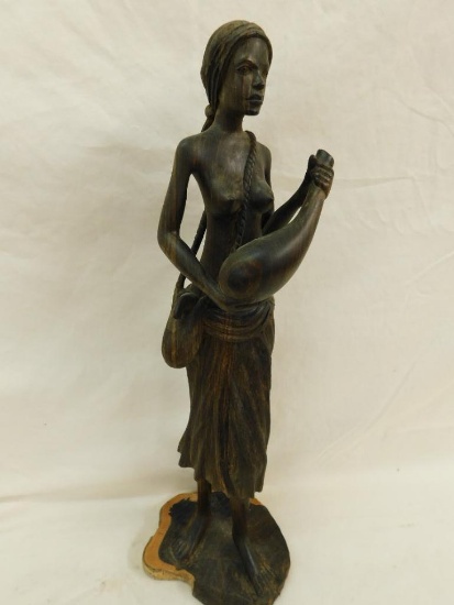 African Wood Statue - Woman with Water Jug - 16.5" x 5.5" x 5.5"
