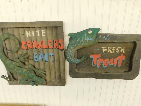 2 Modern Metal and Wood Signs - "Night crawlers and Bait" - "Fresh Trout"