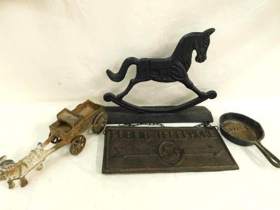 Lot with 4 Cast Iron Pieces - Telephone Sign - Goat Cart - Ashtray - Rocking Horse Door Stop