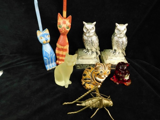 Lot with Glass Wood and Porcelain Cats - Owl Bookends - Brass Cricket