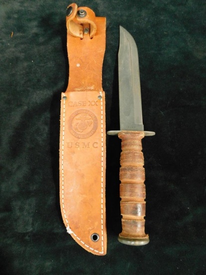 Case XX - 1992 - USMC Long Knife with Leather Handle - Sheath - 12" Long