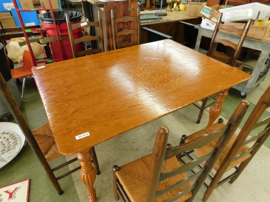 Farm Table with 6 Rush Seat Chairs - Couple Rush Seats Need TLC