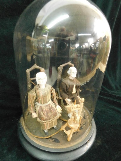 Vintage Paper Mache Bobble Heads - in Large Display Dome - Elderly Couple