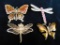 Group of 4 Insect Brooches - Costume Jewelry - 2 Dragonfly - 2 Butterfly
