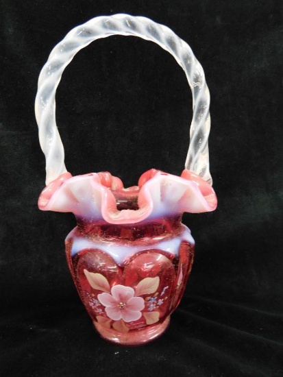 Fenton Glass - Cranberry Basket - Hand Painted - Signed Tammy Watson - 1994 - 9.5" Tall