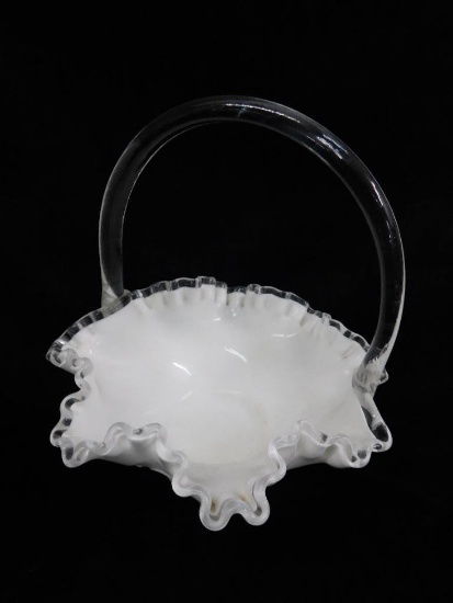 Fenton Glass - Basket - Milk Glass with Clear Ruffled Rim - 9.5" Tall