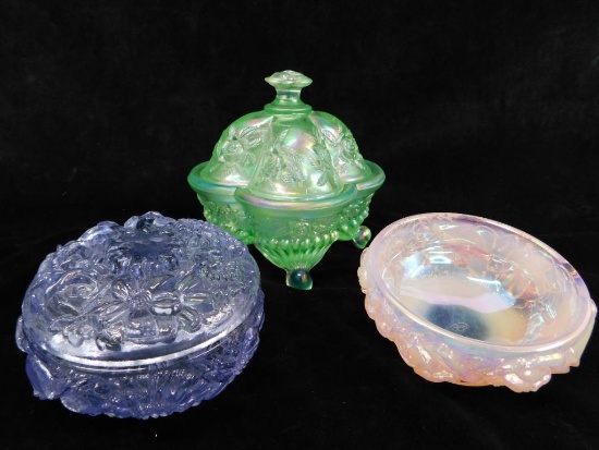 Lot of 3 Fenton Glass Dresser Pieces - 2 Cover Boxes - 1 Bowl - 1.75" to 5" Tall