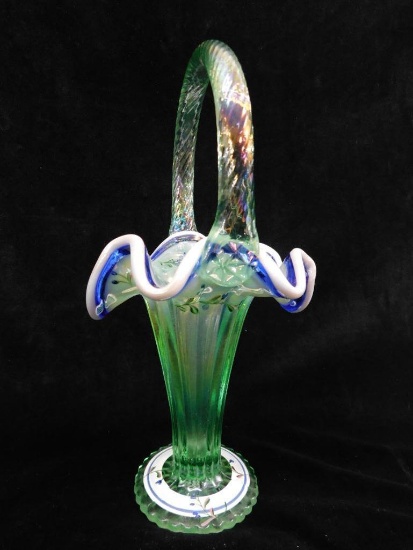 Fenton Glass - Basket - Iridescent Green Hand Painted - Signed Bill Fenton - 10" Tall