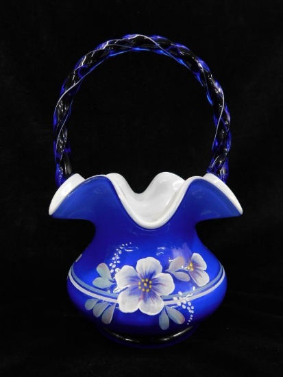 Fenton Glass - Cobalt Blue Basket - Hand Painted - Signed T. Gaskin - 8.5" Tall