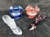 Lot of 4 Fenton Glass Pieces - 2 Slippers - 2 Squat Vases - 3