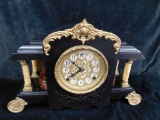 FS - 8 Day Clock - Mantle Clock - with Key - Some Damage on Pillars - 12