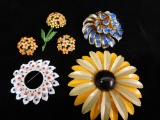 Group of MCM Mid Century - Flower Costume Jewelry - 3 Brooches - Earring / Brooch Set