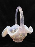 Fenton Glass - Opalescent Pink Basket - Hand Painted - Signed - 7.5