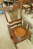 Vintage Oak Rocking Chair With Leather Tacked Seat - 40