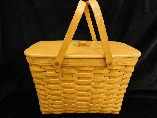 Longaberger Basket - Double Wood Handled Lidded Basket - 11.5" x 16" x 9"