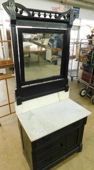 Victorian Black Painted Marble Top Mirrored Washstand - 3 Drawers 1 Door