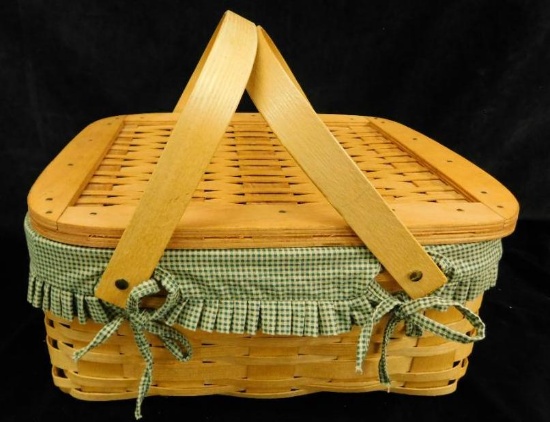 2005 Signed Walt Horn - Double Handled Basket with Hinged Lid - Cloth Insert