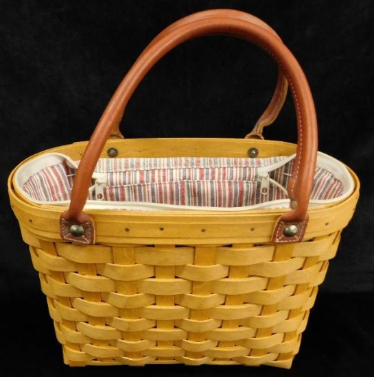 Longaberger Basket - Ohio - Double Leather Handled Tall Basket - Cloth Liner