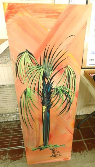 Folk Art - Signed and Dated - Palm Tree - Oil on Plywood - 48" x 16"