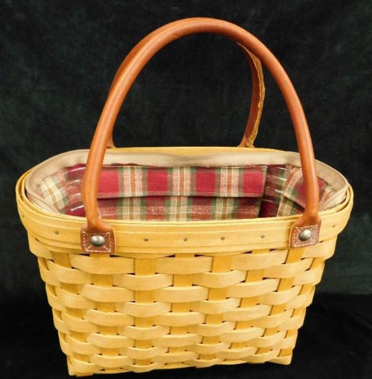 Longaberger Basket - Ohio - Double Leather Handled Tall Basket - Cloth Plastic Liner
