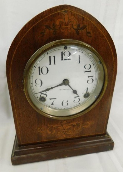 Vintage Ingraham 8 Day Mantle Clock - Inlaid Front - 11.5" x 8.5" x 5.5"