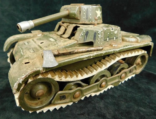 Vintage Litho Tin Military Tank Wind Up Toy with Tracks - No Key - 4" x 7.25" x 4.5"