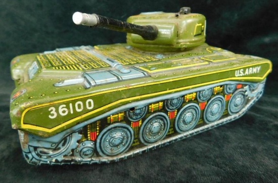 Vintage Litho Tin Military Tank Friction Toy - 3.5" x 7.5" x 4.5"