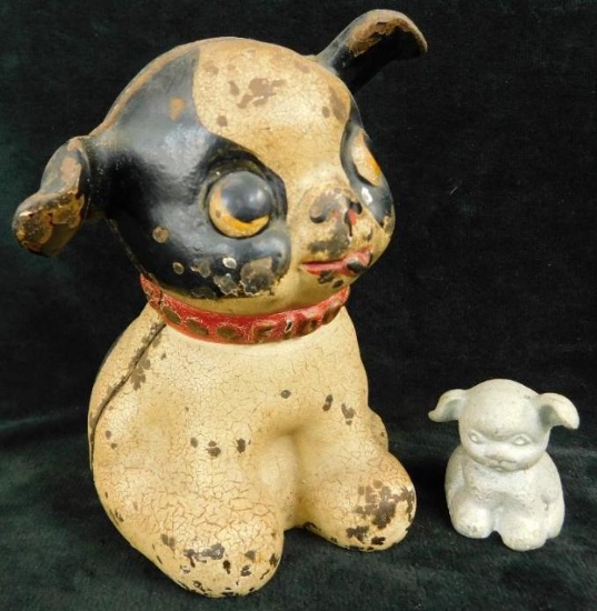 Authentic Vintage Cast Iron Puppy Bank - Cast Iron "Bucks Carbons Ribbons" Advertising