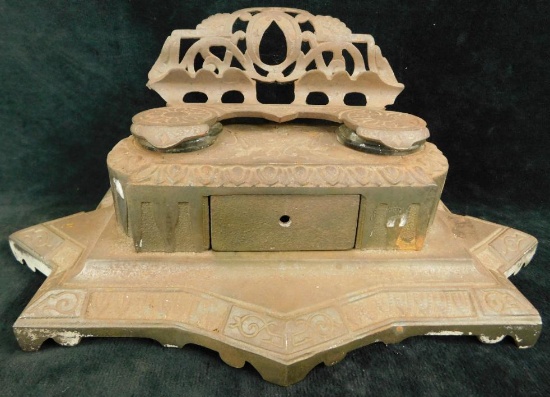 Vintage Bradley and Hubbard Cast Metal Double Inkwell with Glass Inserts