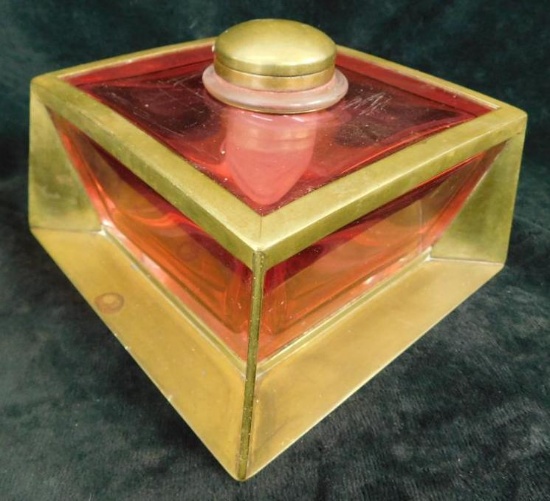 Beautiful Vintage Ruby Glass Inkwell with Glass Insert - 4" x 6" x 6"