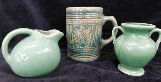 Group of 3 Unmarked Green Glass Pottery Pieces - 4" x 3.5" - 3.5" x 3.5" - 5" x 3.5" x 5.5"