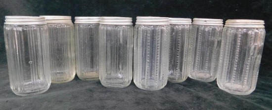 Two Groups of 4 Clear Glass Shakers and Storage Bottles - Aluminum Lids - Each 4" Tall