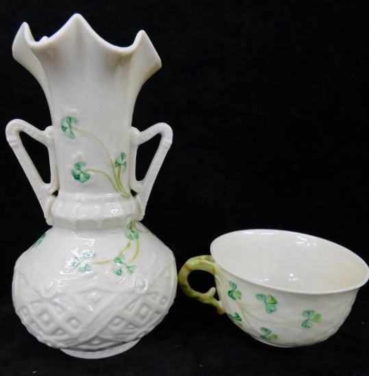 Lot of 2 Pieces of Belleek Bone China - Shamrock - Larger Pitcher - Cup - 7" and 2" Tall