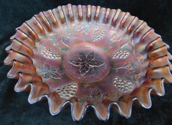 Carnival Glass Bowl - Amethyst Base - Grape Theme - 2.75" x 8.25"