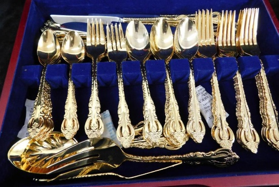 Cooks Essentials Gold Tone Flatware Set - Service For 12 Plus Serving Pieces - Wood Case