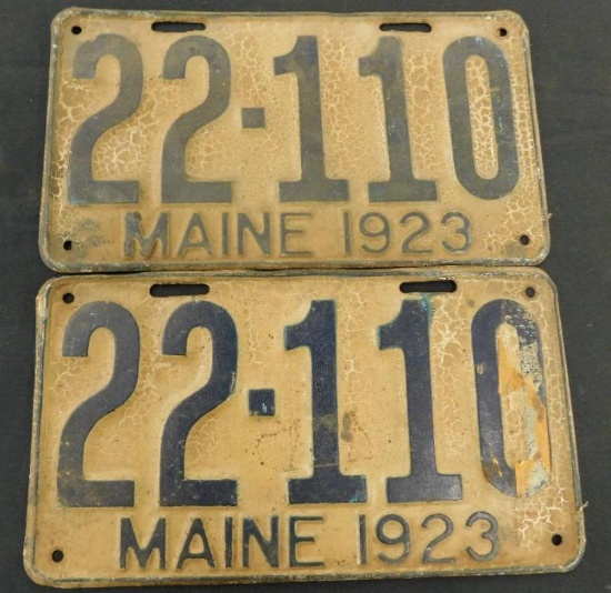 1923 Matching Pair of Maine License Plates - Each 6" x 11"