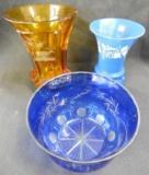 Box Lot with 3 Vintage Pieces Of Glass - 1 Mary Gregory - Blue Cut To Clear