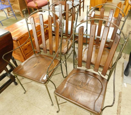 4 Heavy Oak and Metal Arm Chairs - Each 37" x 21" x 17"