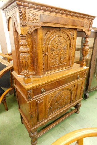 Jacobian Oak Blind China Cabinet - Nicely Carved - 65" x 41" x 19"