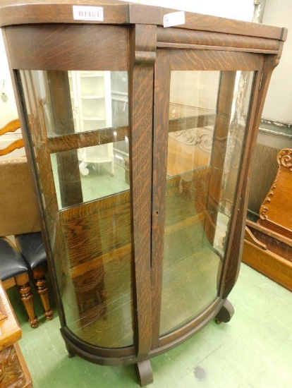 Oak Bow Front China Cabinet - Mirrored Back with Shelves - 63" x 43" x 17"