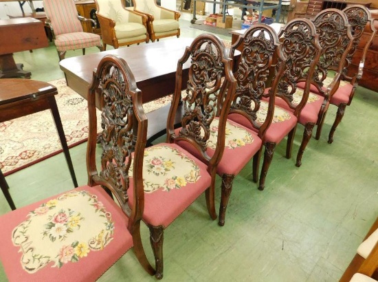 Rococo Dining Chairs with Needle Point Seats - 2 Arm 4 Side - Each 43" x 21" x 22"