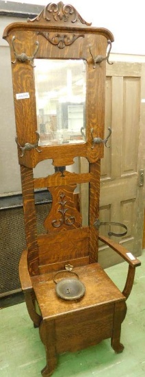 Vintage Oak Hall Tree with Seat Storage - Umbrella Drip Tray Needs Reattached