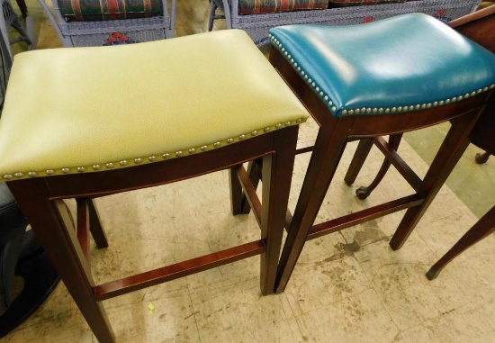 Pair of Modern Faux Leather Saddle Bar Stools - Tacks - Each 30.5" x 21" x 15"