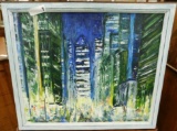 Framed Oil on Board - Signed N. Church - Modernistic Street Scene - 22