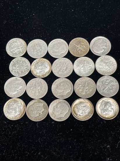 lot of 20 1964 and below Roosevelt dimes 90% silver