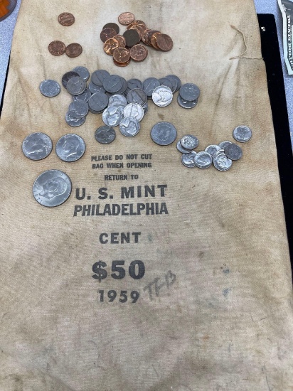 Empty 1959-P $50 Cent Bag With $5.85 Random Coins